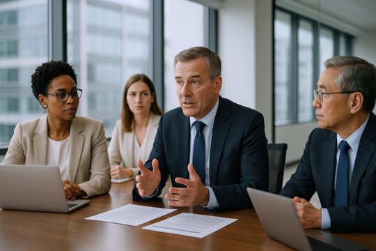 Diverse business team collaboratively strategizing in a modern office, fostering innovation and achieving corporate goals - Powered by Adobe