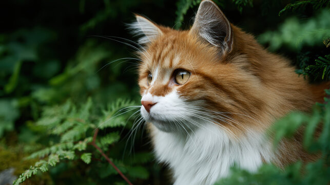 Cute and curious ginger cat with fluffy, furry white fur hiding in nature. This alert domestic pet sits among green foliage in garden - Powered by Adobe