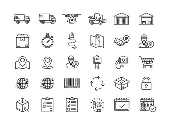 Collection of thin line icons for global logistics and cargo transport. Vector symbols for delivery and supply chain management
