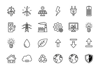 A comprehensive line icon set representing themes of renewable energy, sustainability, technology, and environmental conservation npm93