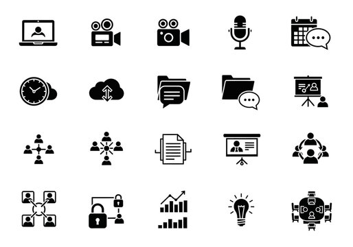 Business and technology glyph icon set for web and mobile apps, including video conferencing and data analytics symbols npm89