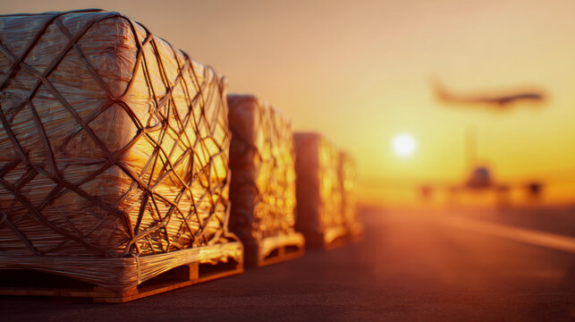 Cargo pallets wrapped and secured on a runway during golden hour with airplanes landing and taking off in the background at an airport terminal