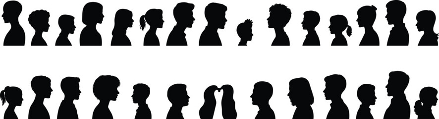 Diverse people silhouette, profile vector, human face icons, black head shapes, community unity, heart shape art, inclusion illustration