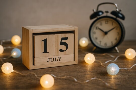 Fifteenth of July Wooden Block Calendar with Vintage Alarm Clock and Decorative String Lights