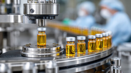 Pharmaceutical manufacturing production line using automated technology to fill each vial with medicine in factory. Focused and precise process