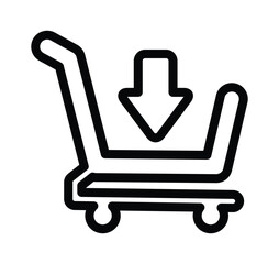 Black outline of a shopping cart with downward arrow indicating adding items to the cart icon 100char