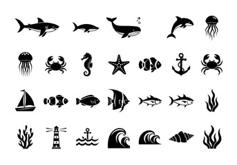 Naklejka premium A comprehensive set of black and white vector icons depicting marine life and nautical elements, including sharks, whales, and sailboats