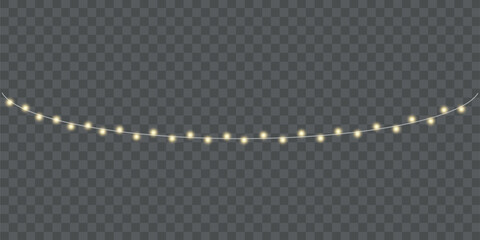 Christmas garland isolated on a transparent background. Glowing yellow, red, green, and pink lights with glitter. Decor for Christmas, New Year, weddings, or birthdays. Party decoration.