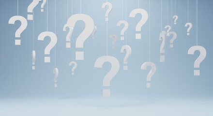 Floating question marks on a light blue background, concept of uncertainty. This image features numerous question marks suspended against a soft, pastel backdrop, suggesting inquiry and doubt