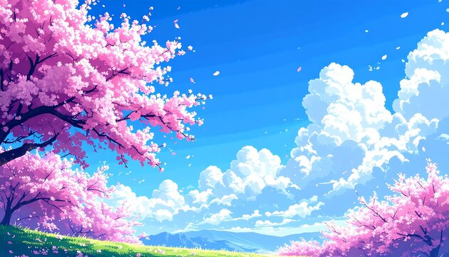 A vibrant anime-style landscape of blossoming cherry trees in a sunny, cloud-filled sky over a grassy hill and distant mountains