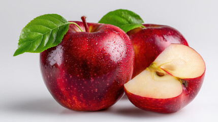 Fresh red apple fruit with green leaf and delicious slice showing white food core. Healthy natural organic food for nutritious diet