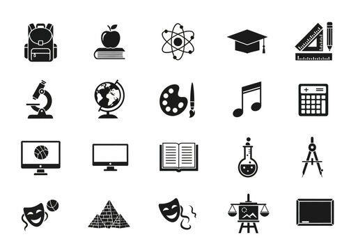 A diverse set of solid black glyph icons representing various school subjects, academic disciplines, and educational tools for learning concepts - Powered by Adobe