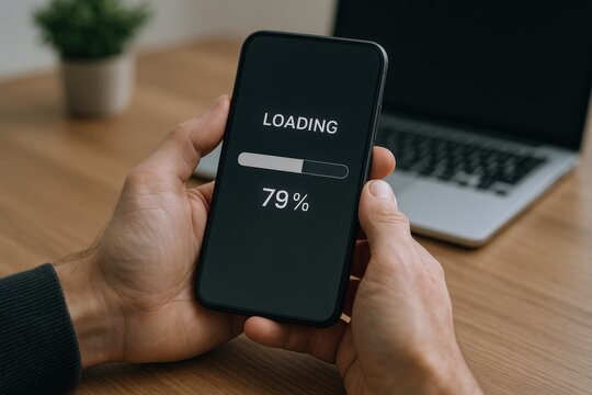 Smartphone Showing Loading Screen in Hand with Laptop on Wooden Desk, Indicating File Transfer
