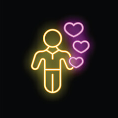 Neon yellow person holding neon pink hearts, representing concepts like love, charity, donation, healthcare, and kindness