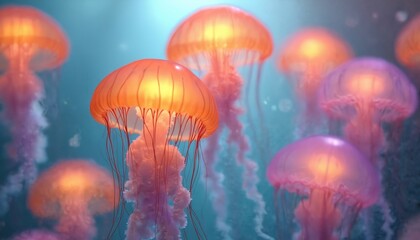 Swarm of colorful jellyfish swims in deep blue water. Glowing orange, pink medusas float gracefully in ocean. Magical underwater scene shows beautiful sea life. Gentle creatures drift peacefully with