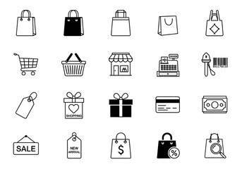 Simple black and white icons for retail business and online stores, featuring essential e-commerce symbols from the npm169