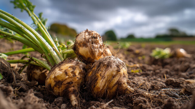 Fresh maca root harvest on an organic farming field. earthy, natural vegetable lies on soil under cloudy autumn sky, feeling pure