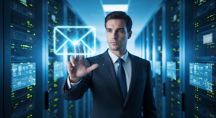 Businessman interacting with a glowing email icon in a modern server room, symbolizing digital communication and technology