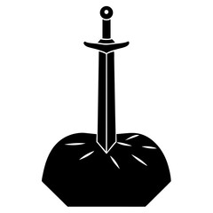 Black silhouette of a sword plunged into a stone mound, impact