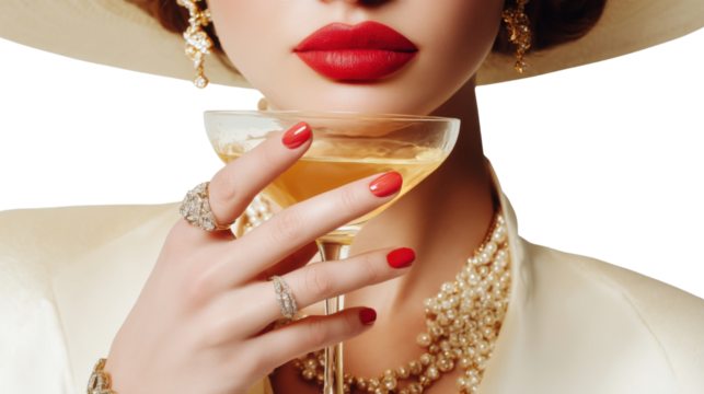 Elegance with a Toast: A sophisticated individual, adorned with luxurious jewelry, holds a delicate glass of champagne. captured is the essence of glamour and refined taste.