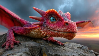 Naklejka premium Red Dragon with Wings on Rock Formation Against Sunset Sky Fantasy Creature with Scales and Horns Mythical Animal in Outdoor Setting