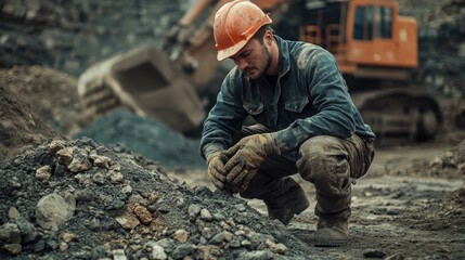 A miner inspects a pile of rocks in a quarry.