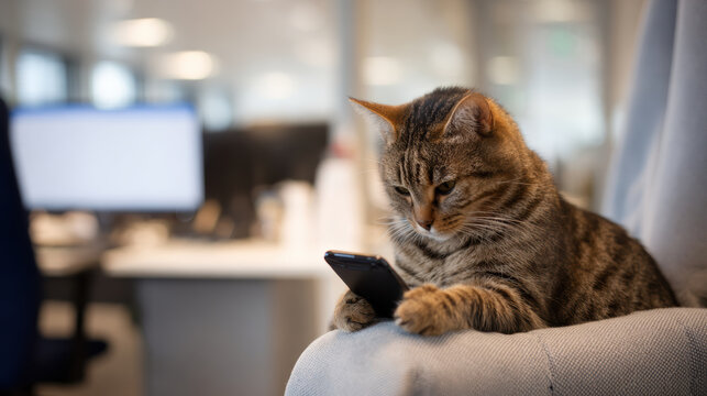 Curious tabby cat sitting in modern office, focused and looking at smartphone screen. Funny technology concept with an adorable animal - Powered by Adobe