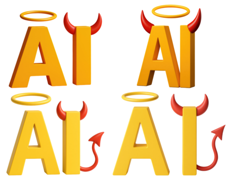 Multiple Yellow 3DAI Texts with Devil Horns, Halos, and Tails artificial intelligence isolated on a transparent background - Powered by Adobe