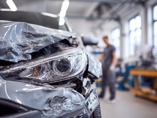 Damaged front headlight and crumpled fender of a silver car in a repair workshop with mechanic inspecting the vehicle in the background