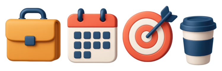 Orange Business Icons Including Briefcase Calendar Target and Coffee Cup on White Background 3D icon isolated on a transparent background