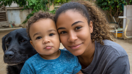 Loving mother with baby son and black dog posing for happy family portrait together in green neighborhood, tender moment of affection