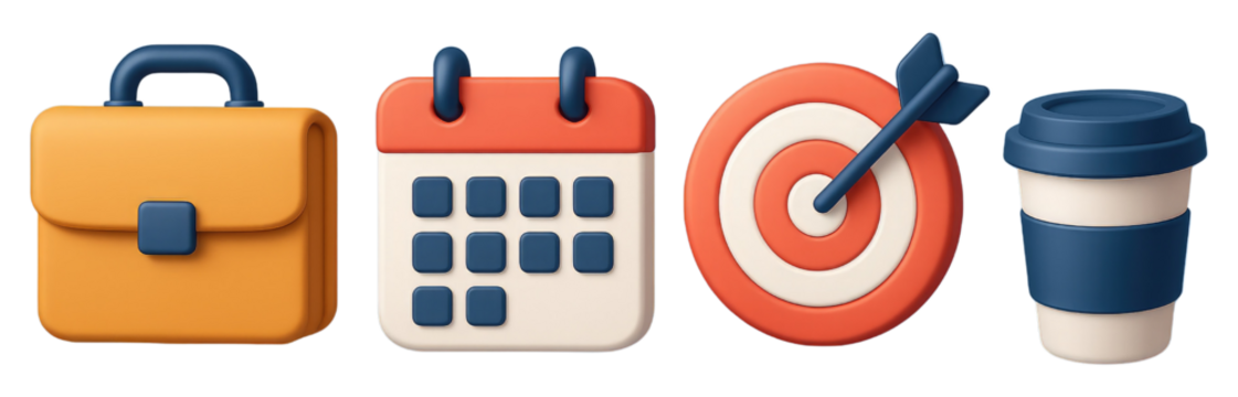 Orange Business Icons Including Briefcase Calendar Target and Coffee Cup on White Background 3D icon isolated on a transparent background - Powered by Adobe