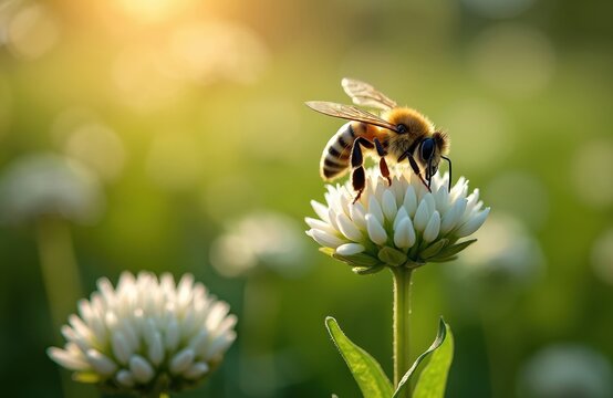 Honey bee collects pollen from white clover flower in sunny green field. Bee on blossom in spring or summer day. Macro view of insect on flower head. Bee pollinates white clover plant.