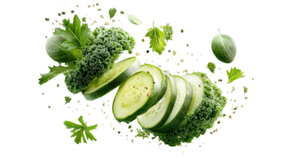 Fresh Greens in Artistic Flight: A vibrant medley of fresh, raw ingredients bursts forth in an artistic display, showcasing the essence of healthy eating and culinary creativity. 