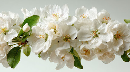 Fototapeta premium Delicate fresh white tree flower blossom branch closeup. Romantic blooming spring flowers isolated on clean background for purity and beauty