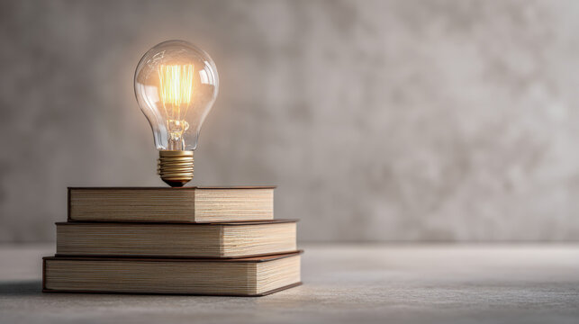 Glowing vintage light bulb resting atop a stack of hardcover books symbolizing bright ideas and knowledge in a minimalist setting with soft background light - Powered by Adobe