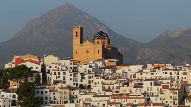 Golden Aerial Sunrise Over Altea: Capturing the Iconic White Village, Dome Church, and Mediterranean Coastline, Costa Blanca, Spain