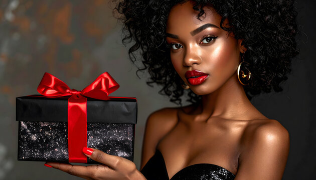 Glamorous woman holding a black gift box with red ribbon under glossy lighting in a fashion mood.