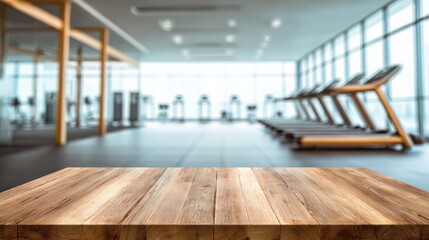 Wooden Tabletop with Blurred Gym Background: Ideal for Product Display and Fitness Advertising