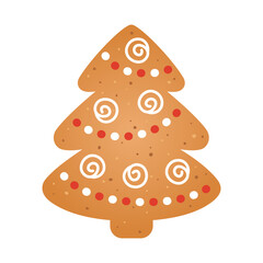 Gingerbread Christmas tree cookie decorated with white and red icing. Winter holidays or food theme. Single isolated element. Vector illustration on white background.