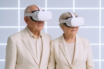 Senior Couple Exploring Virtual Reality Worlds with VR Headsets, Embracing Technology for Entertainment and Connection