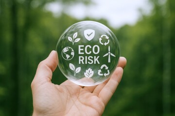 Ecological Risk Concept Displayed in Clear Sphere Held by Hand Against Green Forest Background
