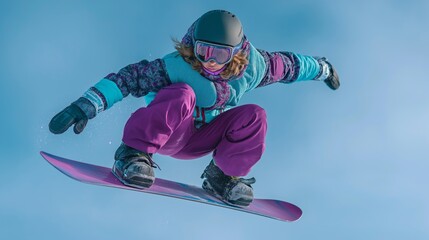 A young snowboarder performs an impressive jump high above the snow, showcasing skill and style. Bright winter clothing contrasts with the brilliant blue sky, capturing the excitement of the moment