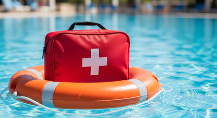 First aid kit floats in a swimming pool, safety concept for summer fun. A red first aid kit rests on a life preserver in a pool, symbolizing water safety and emergency preparedness