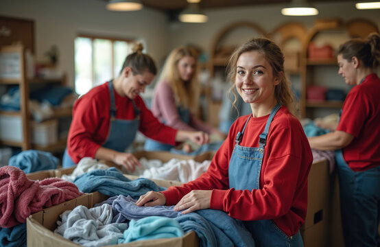 Volunteers sort donated clothing in a charity center. People work together filling boxes with textiles. One smiling woman looks at camera while assisting others.
