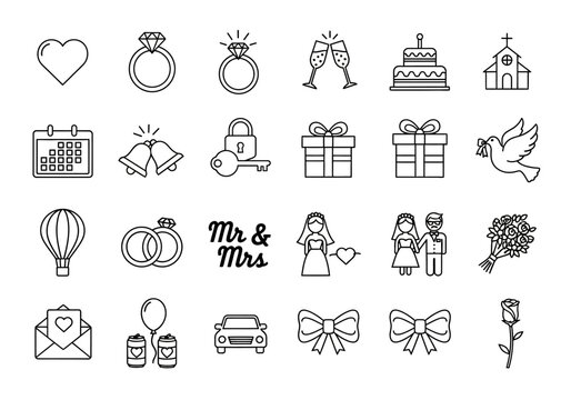 Wedding and marriage line art icon set. A collection of vector symbols representing love, romance, and celebration for graphic design