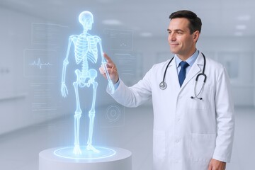 Doctor examining futuristic holographic skeleton, demonstrating advanced medical technology in a modern hospital setting