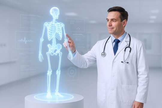 Doctor examining futuristic holographic skeleton, demonstrating advanced medical technology in a modern hospital setting