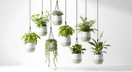 Collection of various green houseplants in modern hanging pots against a clean white background