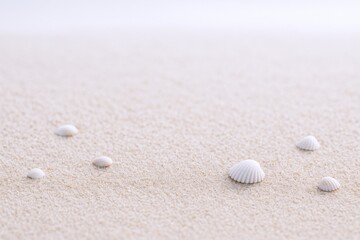 Minimalist beach scene featuring delicate white seashells scattered across the pristine sand, evoking tranquility